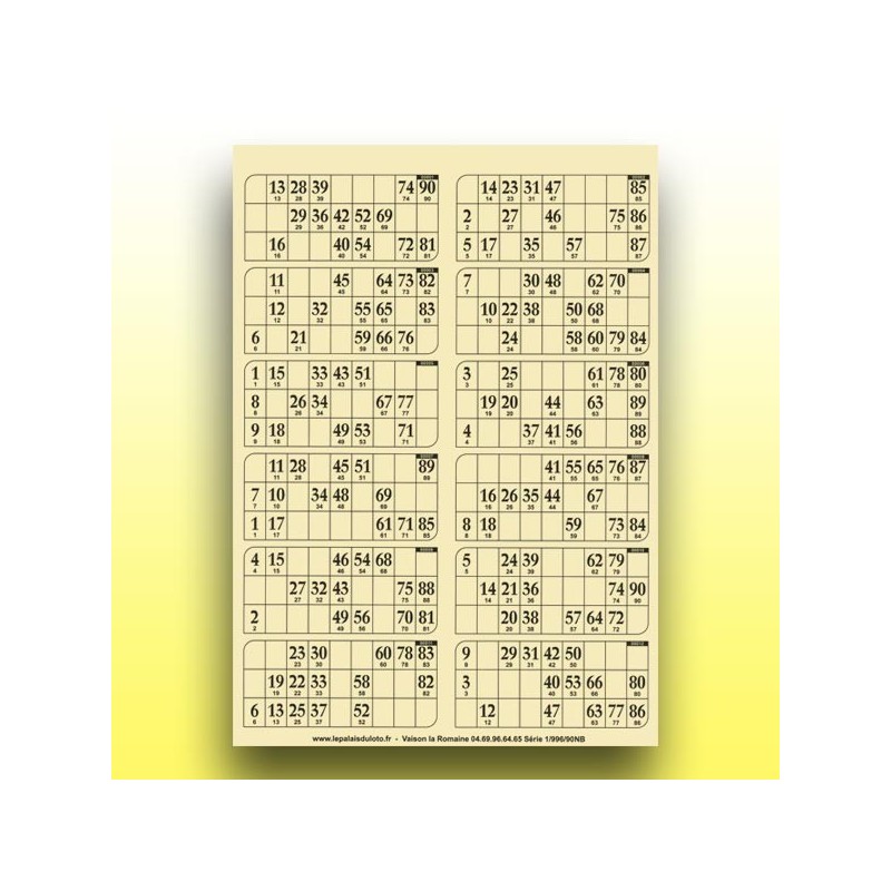 83 plaques de 12 cartons de loto très épaisses 2 mm - 1300 g (2 x 90 numéros) au Palais du Loto